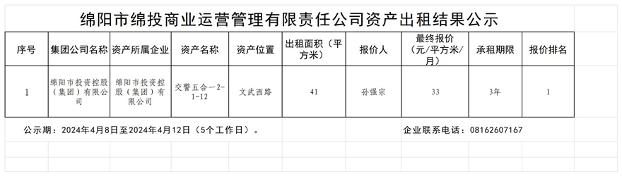 綿陽市綿投商業(yè)運(yùn)營管理有限責(zé)任公司資產(chǎn)出租結(jié)果公示_結(jié)果公示模板